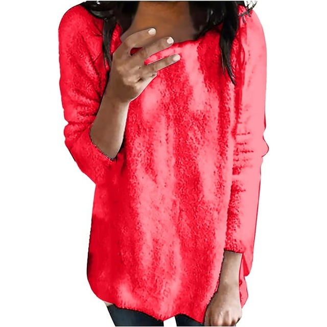 IMENGL Chandail à Col Rond en Peluche à Manches Longues Mince Mode pour Femmes, Rouge G, Taille M-5TG