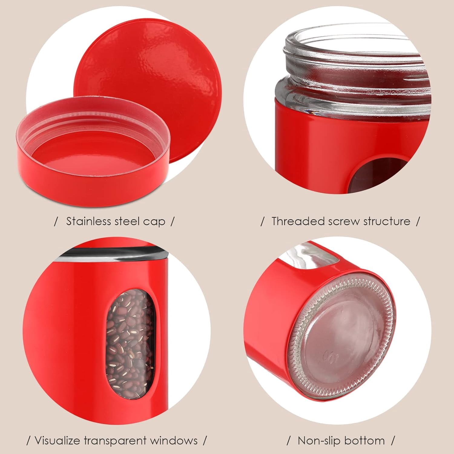 6 Pack Kitchen Canisters Set 20 oz Airtight Stainless Steel Canister Food Storage Container with Window Glass, Coffee Sugar Candy Jars Tea Organizer for Flour Cookies Spices Grains Kitchen(Red)