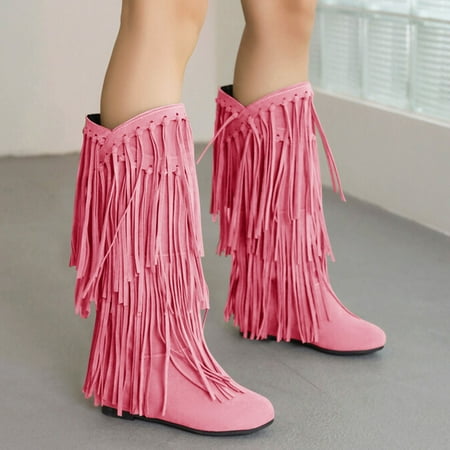 

ertutuyi women s plus size winter suede heel fringe boots inside booster mid length boots pink 41