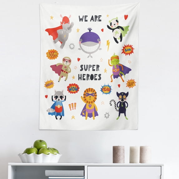 Funny Sloth Tapestry, We are Super Heroes Lettering with Caped Costume Animals Comic Effects Boom, Fabric Wall Hanging Decor for Bedroom Living Room Dorm, 5 Sizes, Multicolor, by Ambesonne