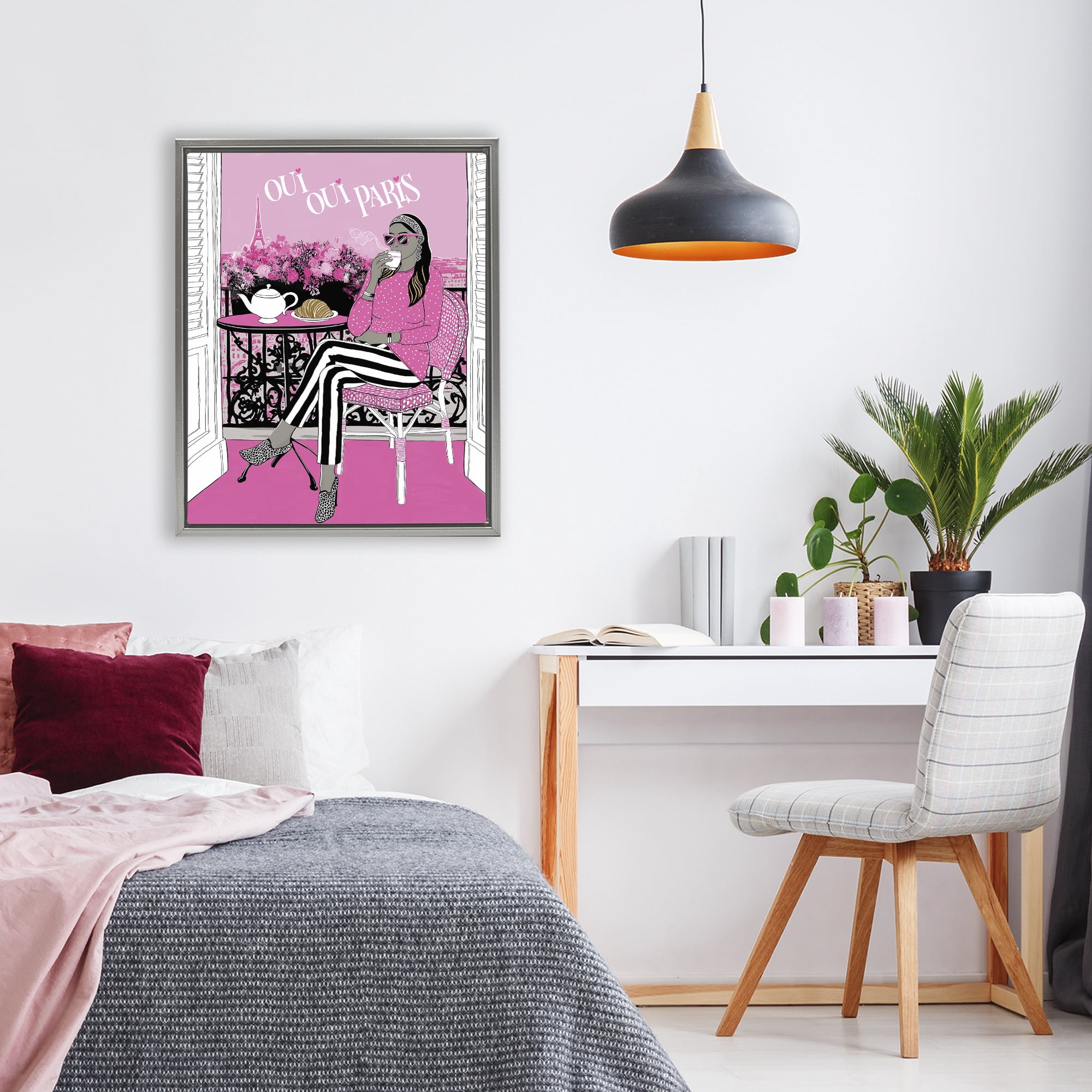 Stupell Industries Oui Oui Parisian Cafe Morning Gray Framed Floater Canvas Wall Art, design by Jess Stempel