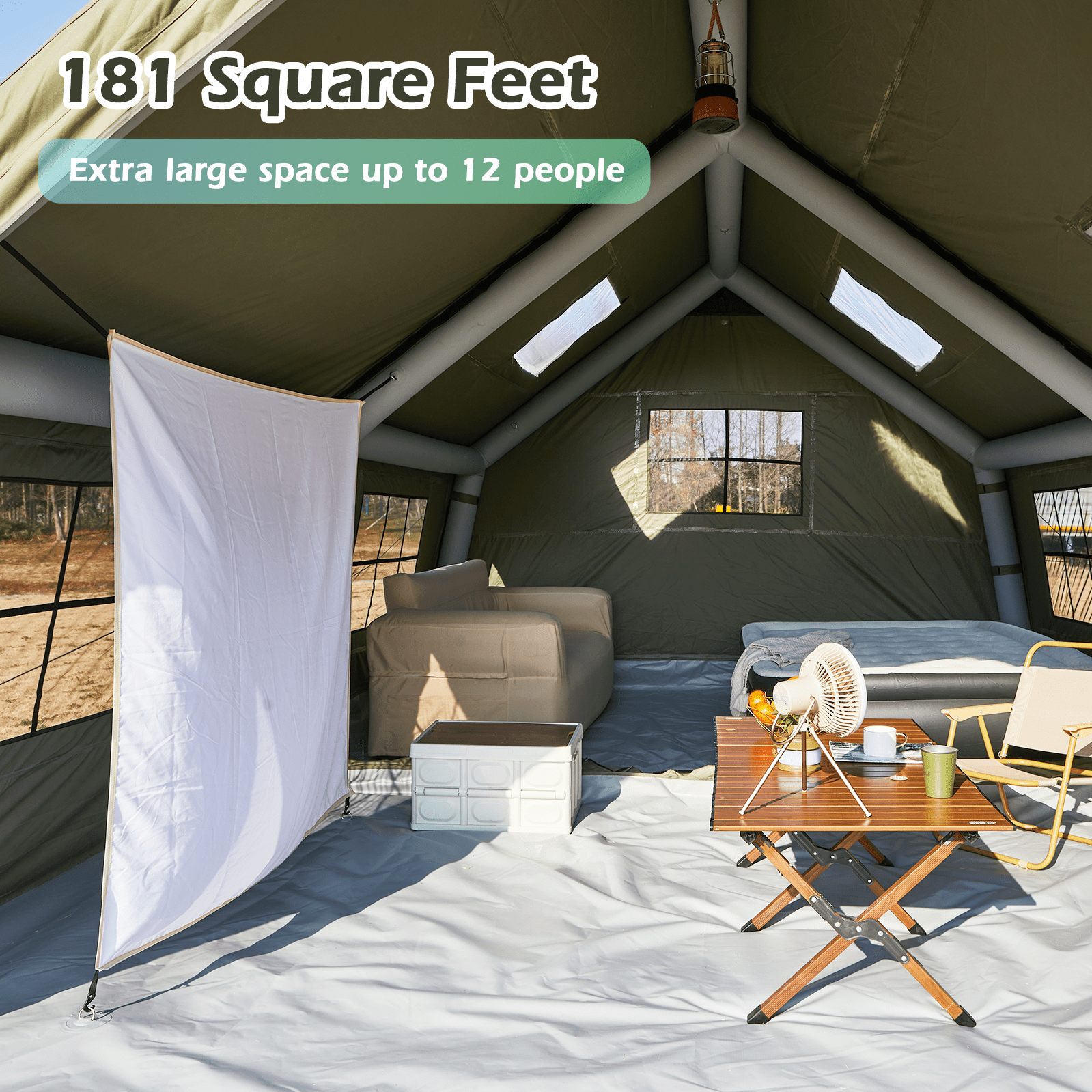 EROMMY 12'x16' Inflatable Tent, Large Blow Up Tent for Camping, 4 Season Waterproof 600D Oxford Glamping Tents with Clear Skylight, Pump & Stove Jack