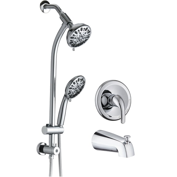 JERFIT No-Drill Stainless Steel Dual Shower System with 7-Spray Rain Showerhead, Handheld, Slide Bar & Chrome Valves