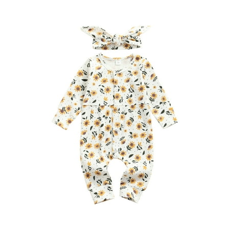 

ZIYIXIN 2Pcs Newborn Baby Girls Ribbed Flower Print Long Sleeve Romper Jumpsuit + Headband Outfits White 0-6 Months