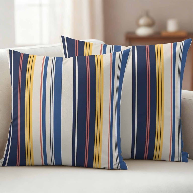 Vintage Stripes Outdoor Throw Pillow Covers Set of 2, Navy Yellow