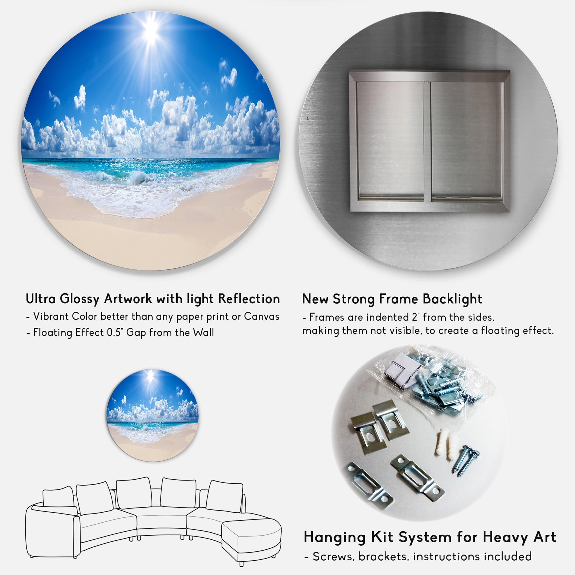 Designart 'Beautiful Tropical Beach Panorama' Disc Seashore Metal Circle Wall Art
