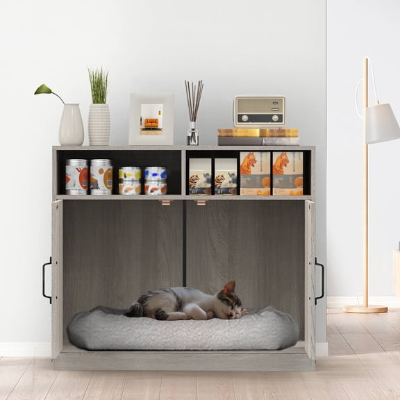 Cat Litter Box Enclosure, Wooden Hidden Litter Box Furniture with Barn Door & Removable Divider, Indoor Cat House End Table with Open Storage Shelves, Greige, 29.92 x 16.92 x 25.66 Inches