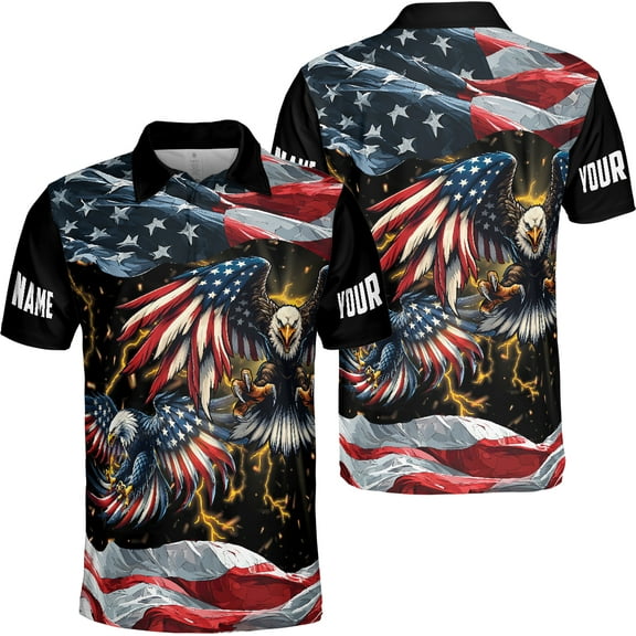 Lotusprinthandmade Personalized Patriotic America Flag Eagle Men Polo Shirt (Lightweight) S-5XL Multicolor (S), custom name eagle us flag polo, america eagle polo shirt