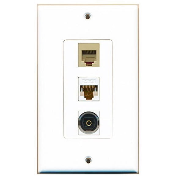 RiteAV - 1 Port Phone RJ11 RJ12 Beige and 1 Port Toslink and 1 Port Cat6 Ethernet White Decorative Wall Plate Decorative