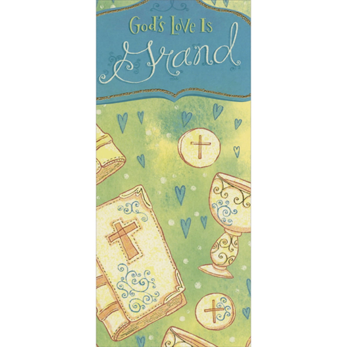 Designer Greetings God s Love Is Grand: Bible Chalice Hosts and Hearts on Green 1st / First Communion Gift Card or Money Holder Congratulations Card