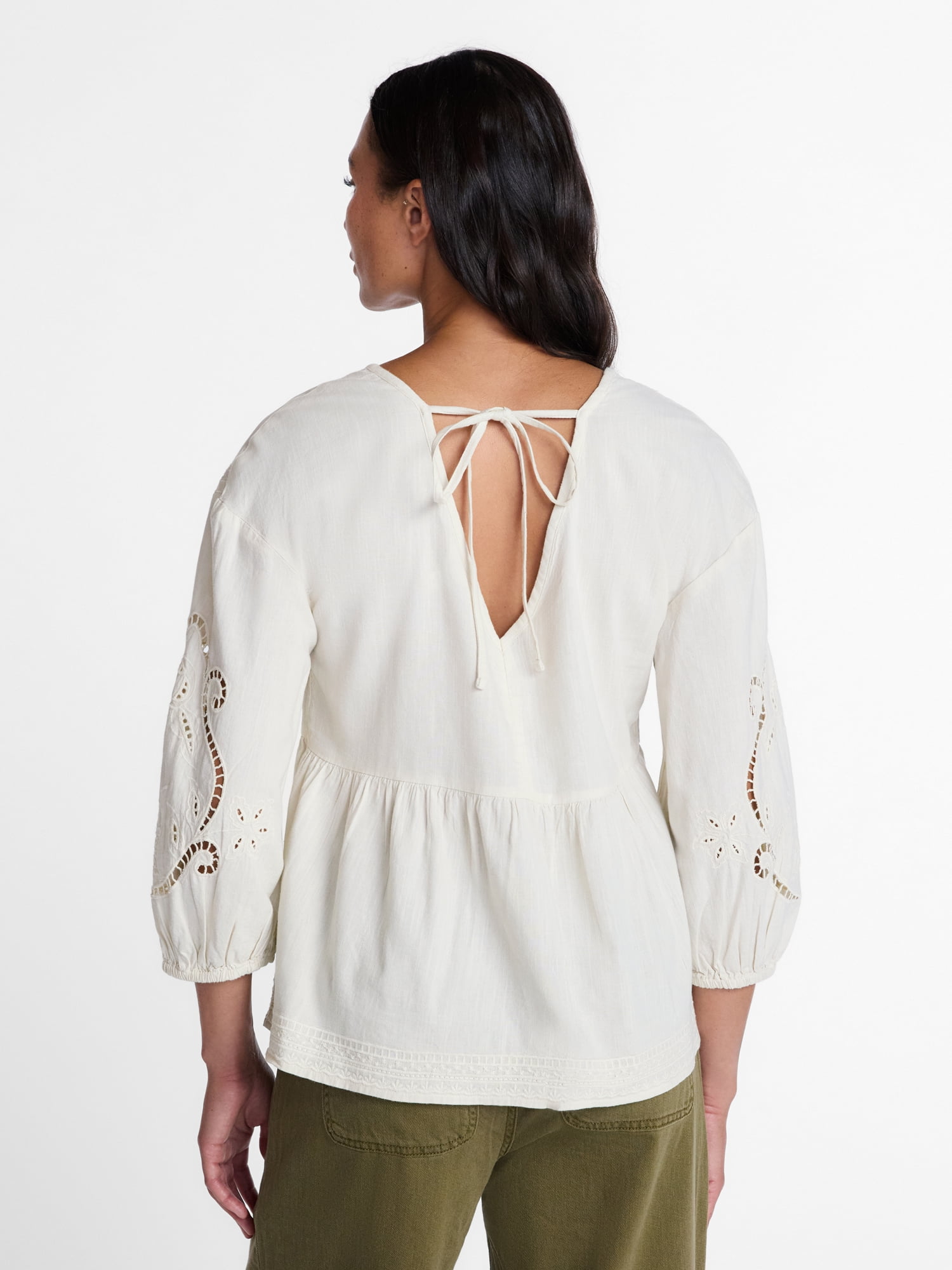 Time and Tru Women's Long Sleeve Poet Sleeve Broderie Anglaise Top, Sizes XS-XXXL