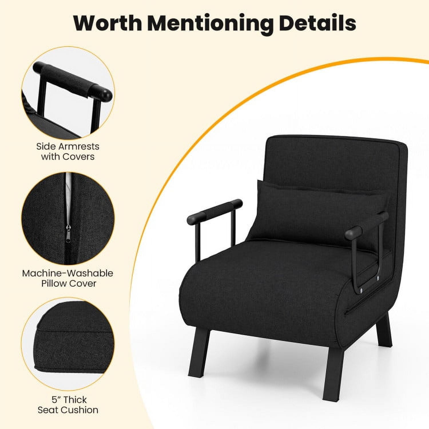 Folding Chair Bed, Folding 6 Position Convertible Sleeper Bed Armchair Lounge Couch with Pillow, Cozy Futon Chair for Small Spaces, Office, Black