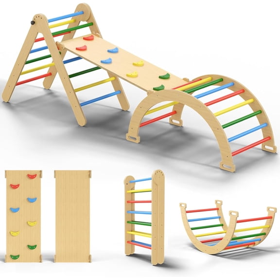 5 in 1 Montessori Pikler Triangle Climbing Set, Large Indoor Foldable Wooden Baby Climbing Gym Climber with Arch Slide for Toddler 1-3