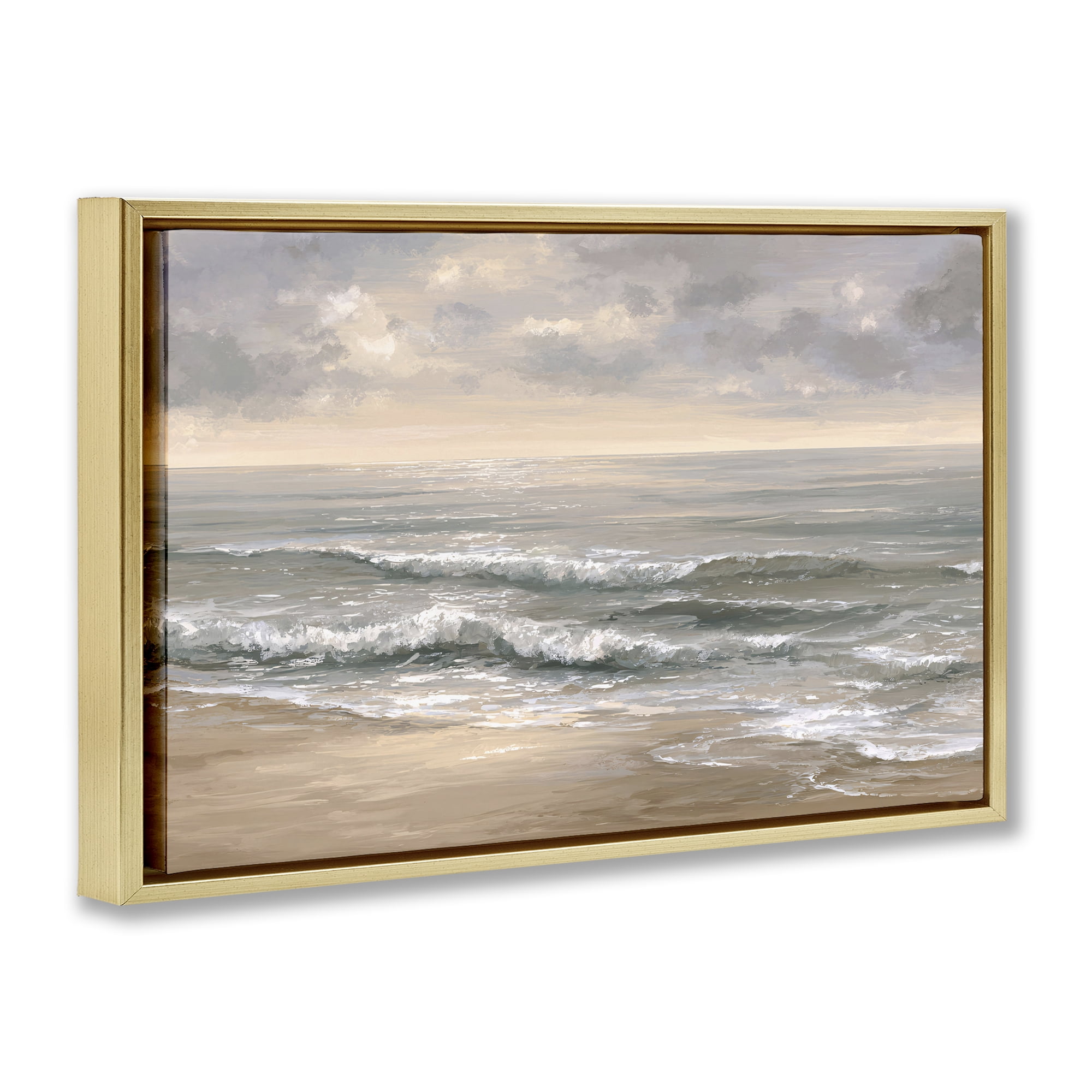 Stupell Industries Soft Rolling Beach Waves Gold Framed Floater Canvas Wall Art, design by Jacky Ngan
