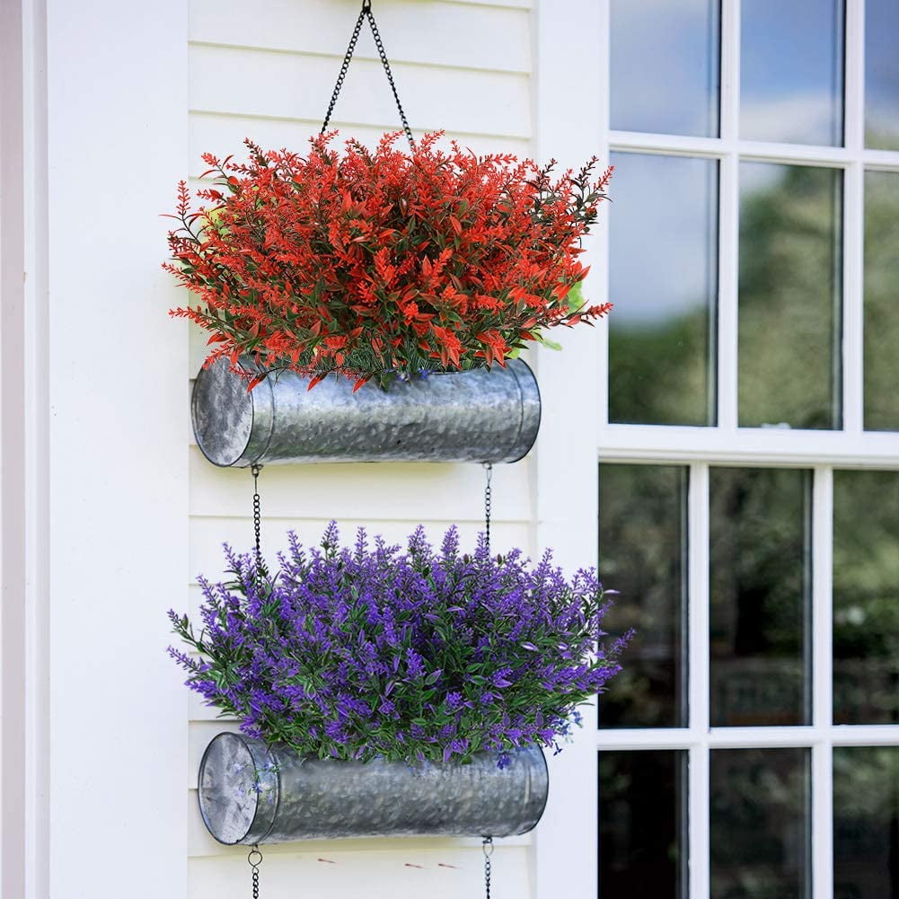 8 Bundles Outdoor Artificial Lavender Fake Flowers UV Resistant Shrubs, Faux Plastic Greenery for Indoor Outside Hanging Plants Garden Porch Window Box Home Wedding Farmhouse Decor (Purple)