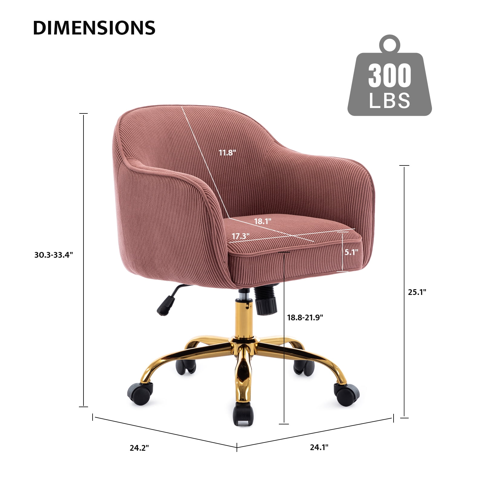 BRILHAMEZ Velvet Office Chair, Ergonomic Desk Chair with Adjustable Height, 360° Swivel, Padded Armrests for Home Office, Pink