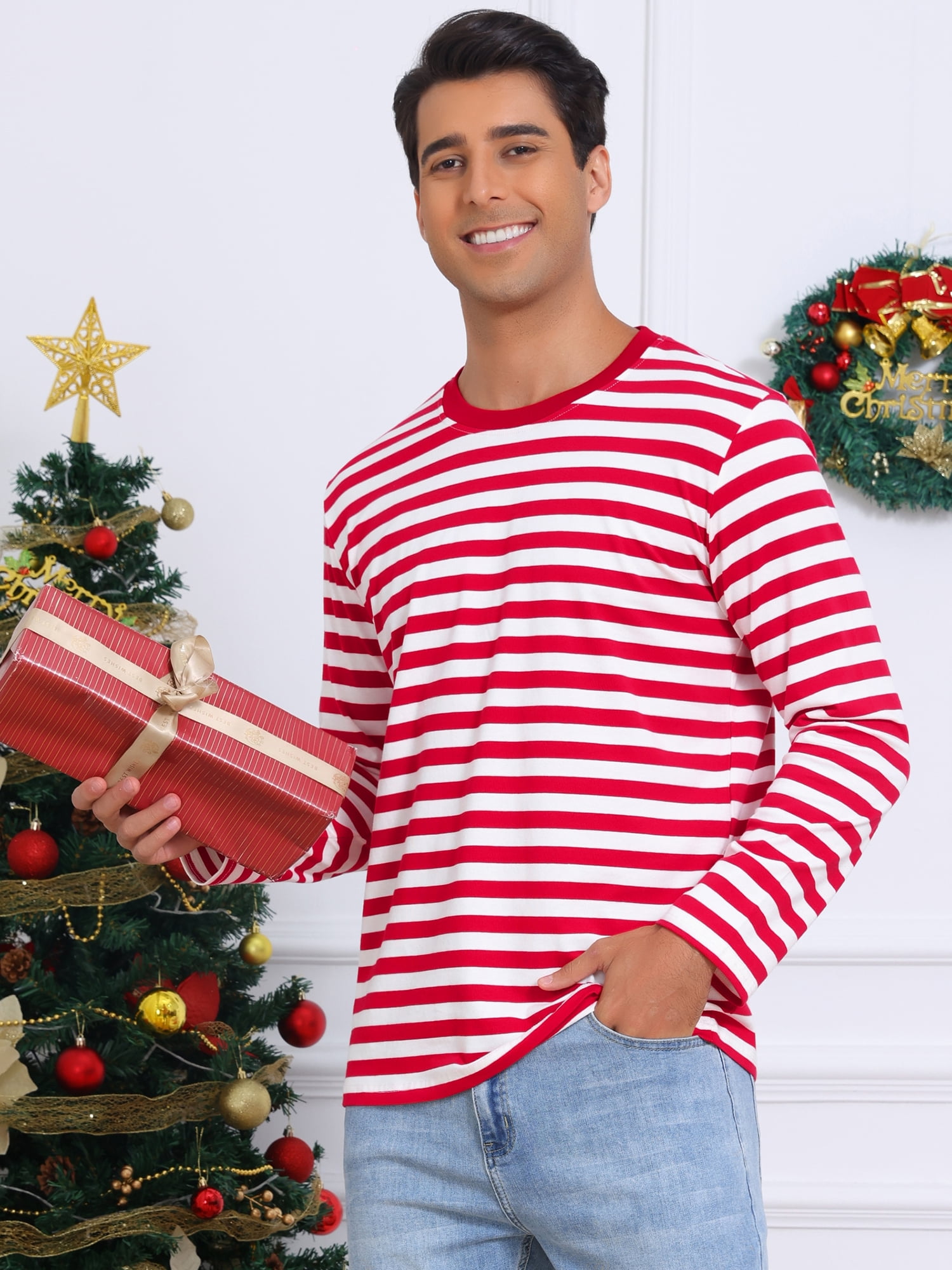 DARING DIVA Men's Striped Sweatshirts Stripes Long Sleeve Casual T-Shirt S Red White