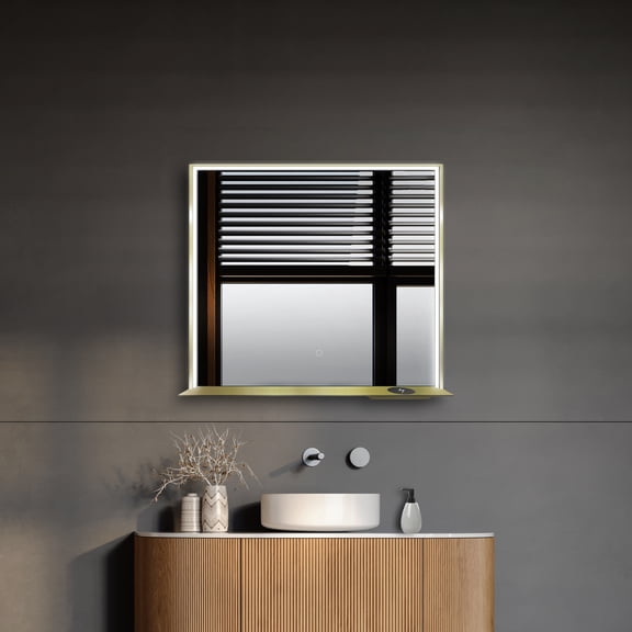 Dreamwerks 36"W x 32"H Matte Gold Rectangular Framed LED Mirror with Integrated Cell Phone Charger