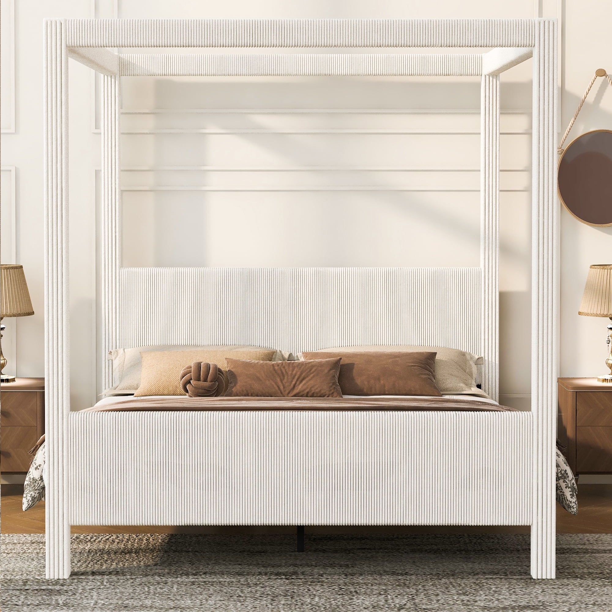 Euroco Upholstery Queen Size Canopy Platform Bed, No Box Spring Needed, Beige