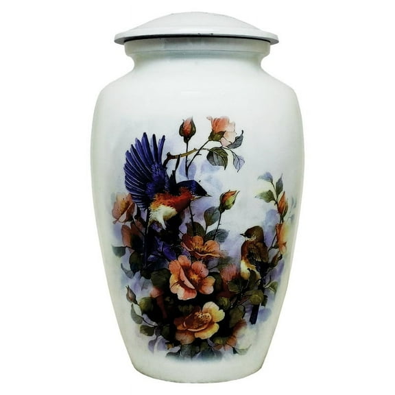 AMPLE CREMATION URNS | Elegant Cremation Urn with Bird and Floral Engraving | Nature-Inspired Memorial Vase | Secure Airtight Lid | Tribute Urn for Adult Ashes | 200 lbs. | 6.5 x 10.5 inches | White