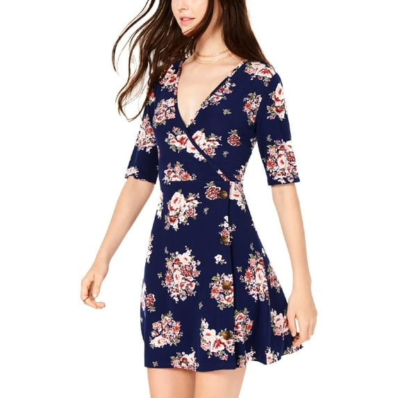 Ultra Flirt Womens Juniors Faux Wrap Floral Casual Dress