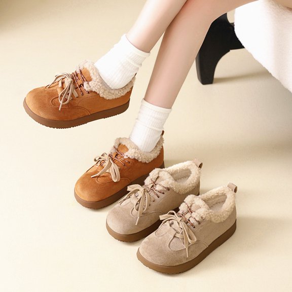 Low Top Snow Boots for Women Furry Lined Casual Non Slip Winter Walking Shoes Suede Lace up Warm Ankle Booties