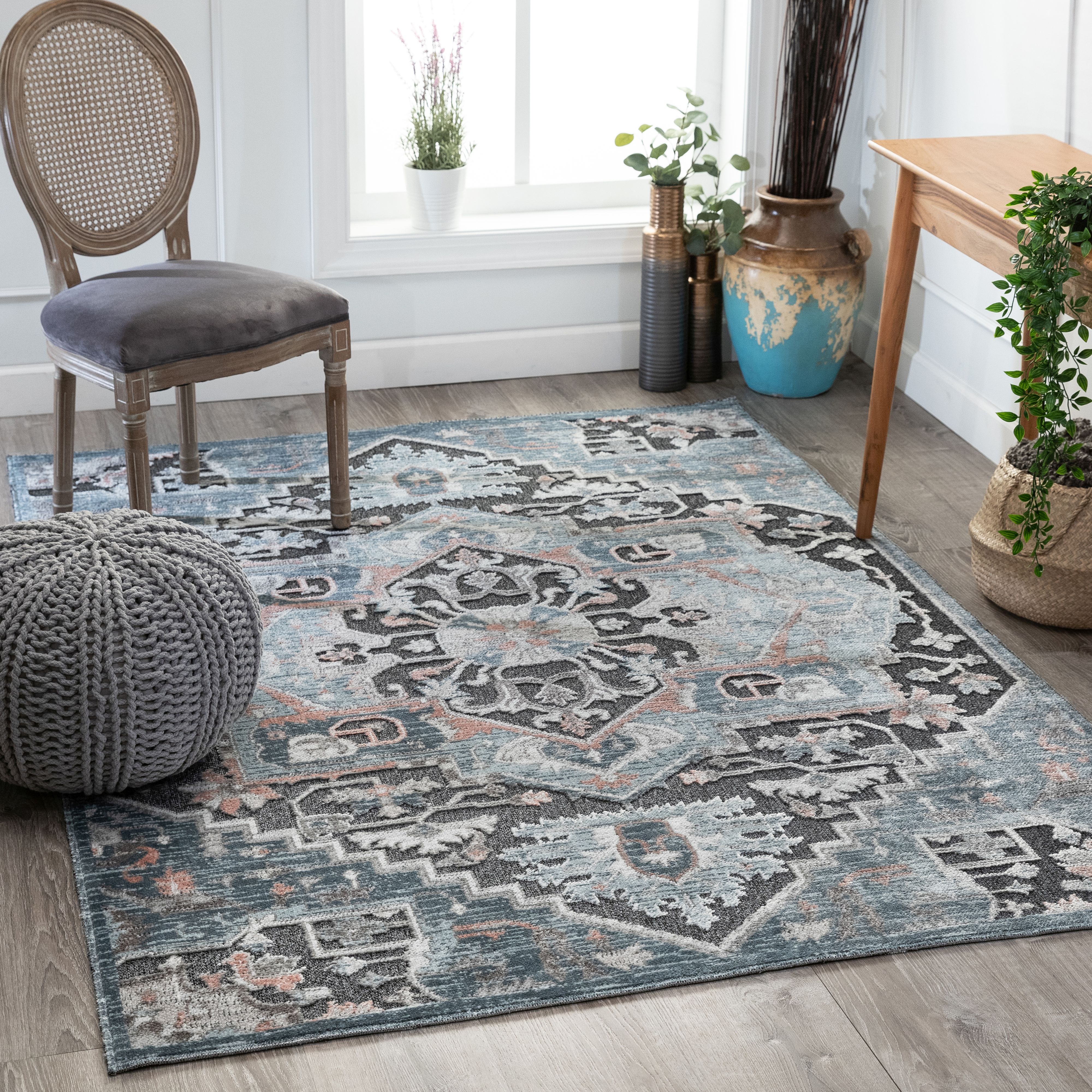 Well Woven Zada Blue HiLow Pile Vintage Oriental Medallion Area Rug