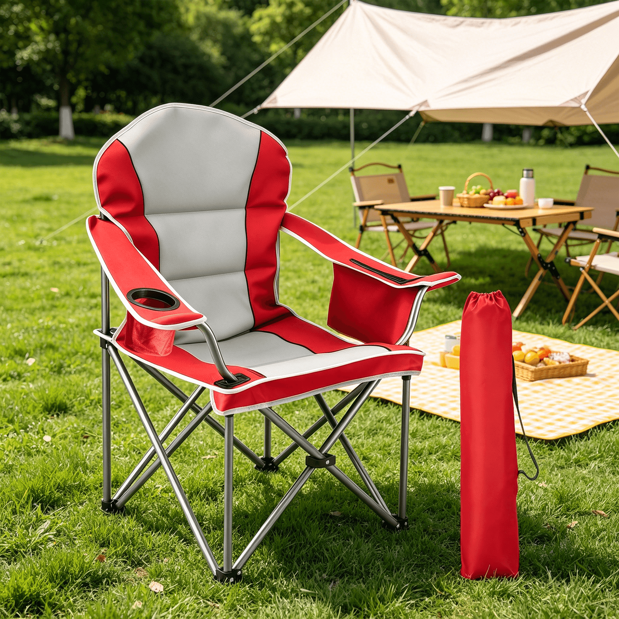 2 PCS Oversized Camping Chair, Folding Chairs with Padded Back and Armrest, Steel Frame with Cooler Bag, Storage Netting Cup Holder, Red