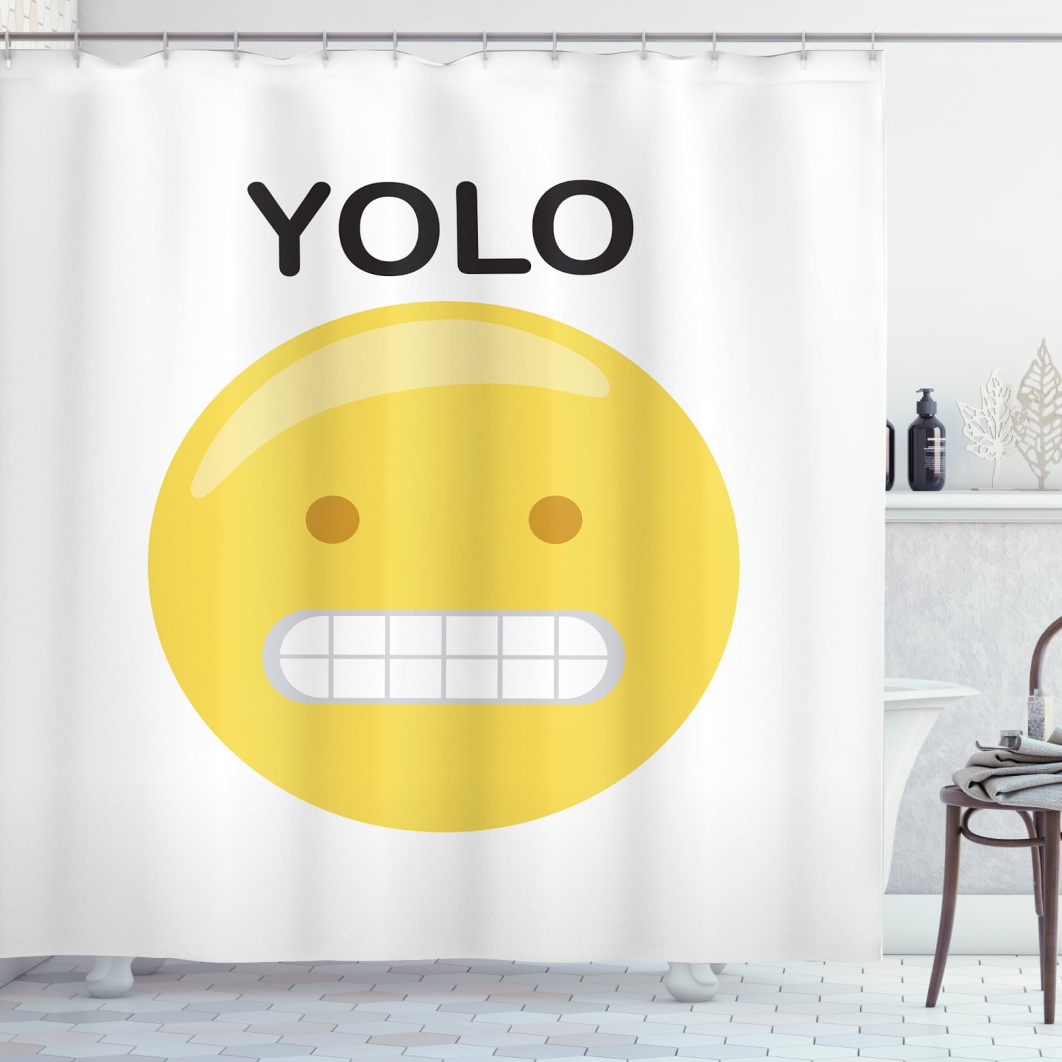 YOLO Shower Curtain, Funny Emoji Face and Abbreviation of Life Quote