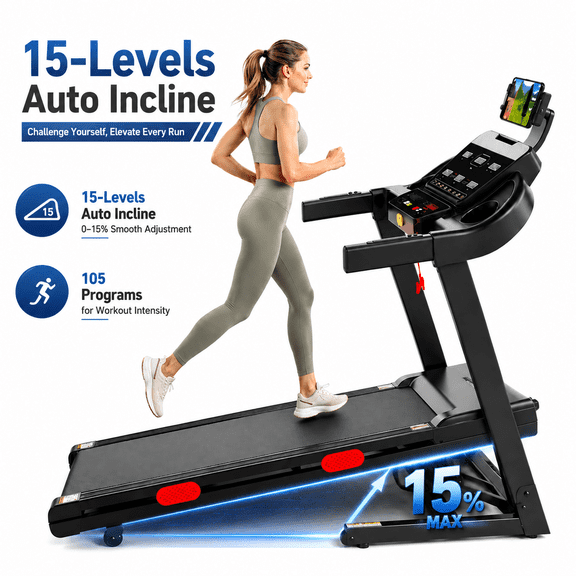 3.9HP Treadmill with 15-Levels Auto Incline for Home, 9MPH Smart Electric Treadmill with APP Control, Walking Running Folding Treadmill Exercise Machine, 95 10 Programs, 330LBS Capacity