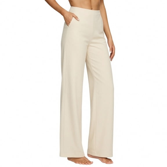 Qingpeng High Waisted Wide Leg Soft Knit Pants for Women, Elastic Waist Casual Summer Straight Leg Pants with Pockets