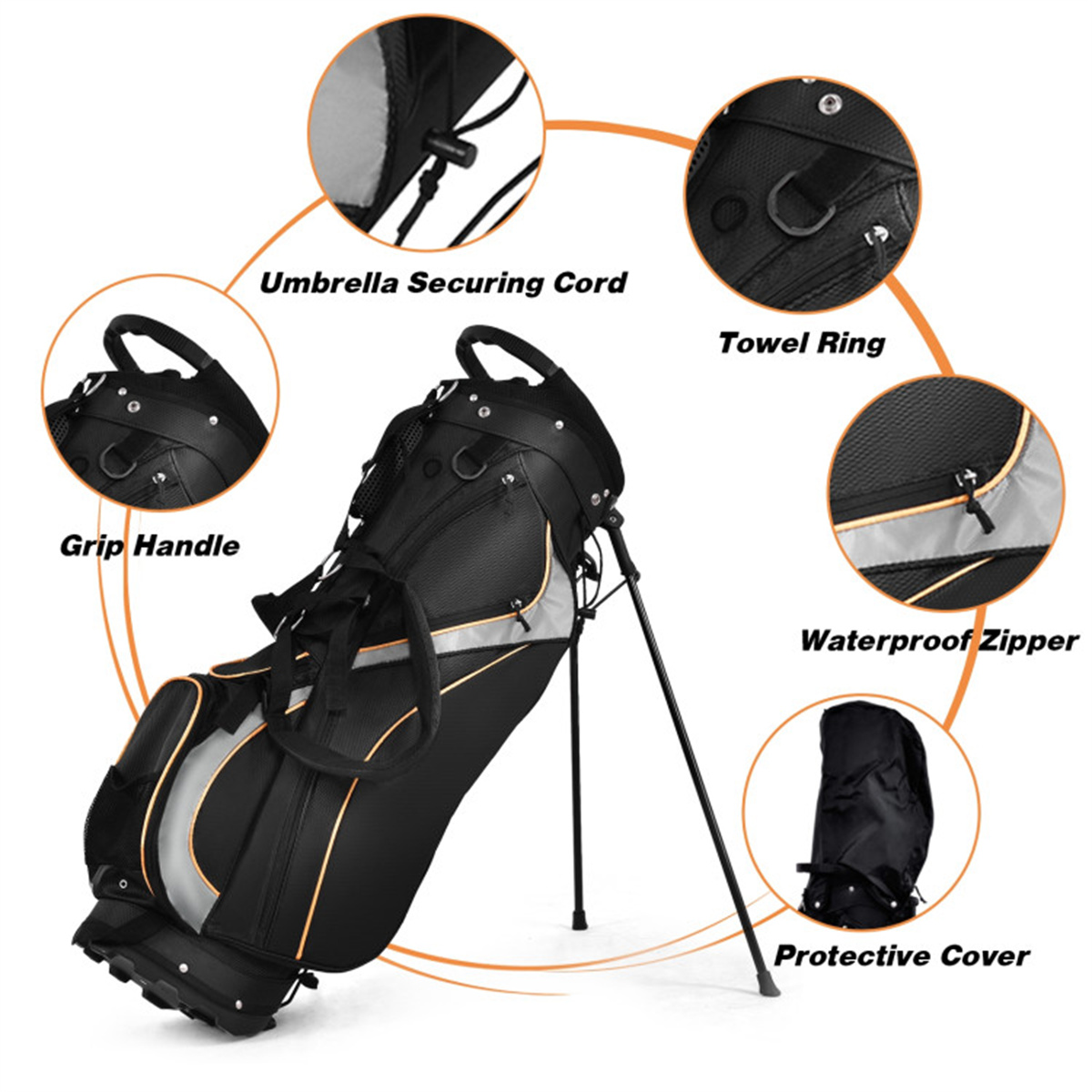 Water-Resistant Golf Stand Bag - 420D Nylon with 3-Way Dividers 7 Zipper Pockets Backpack Straps & Aluminum Foot Support Black 5 lbs