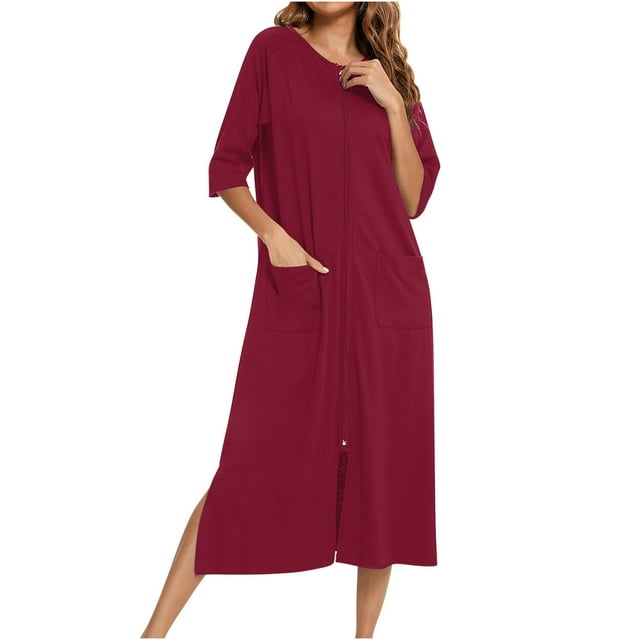 Batas de invierno para mujer, camisón cálido y camisón de invierno con cremallera y bolsillos, pijama holgado para mujer.