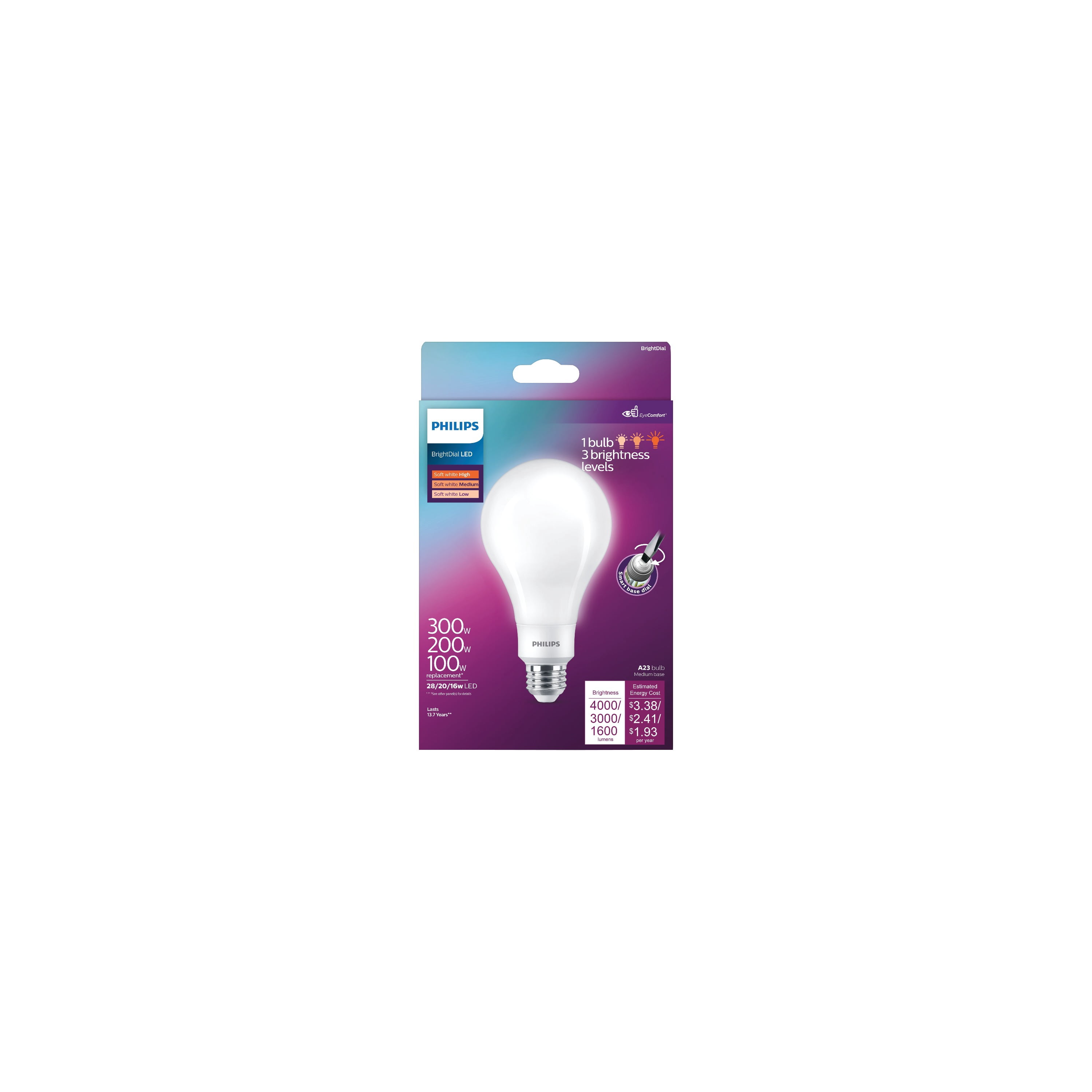 Philips BrightDial 300/200/100W Equivalent Soft White A23 Medium LED Light Bulb
