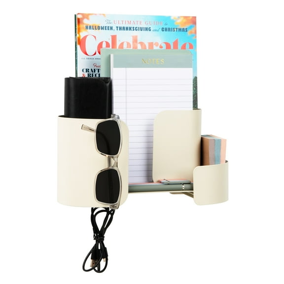 Mind Reader Hanging Accessory Organizer, Adhesive Wall-Mounted Shelf with Hooks for Home, Office, Dorm, or Bathroom, Metal, Tan