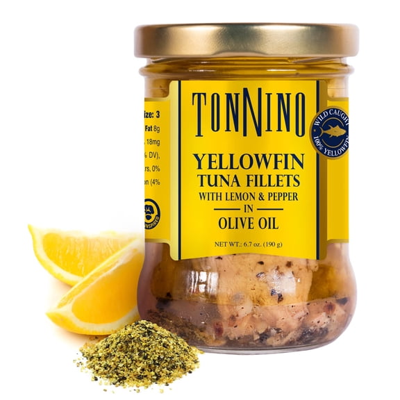 Tonnino Tuna Fillets Low Calorie and Gluten Free Yellowfin Jarred Premium Tuna with Lemmon Pepper in Olive Oil 6.7 oz (Pack of 6)