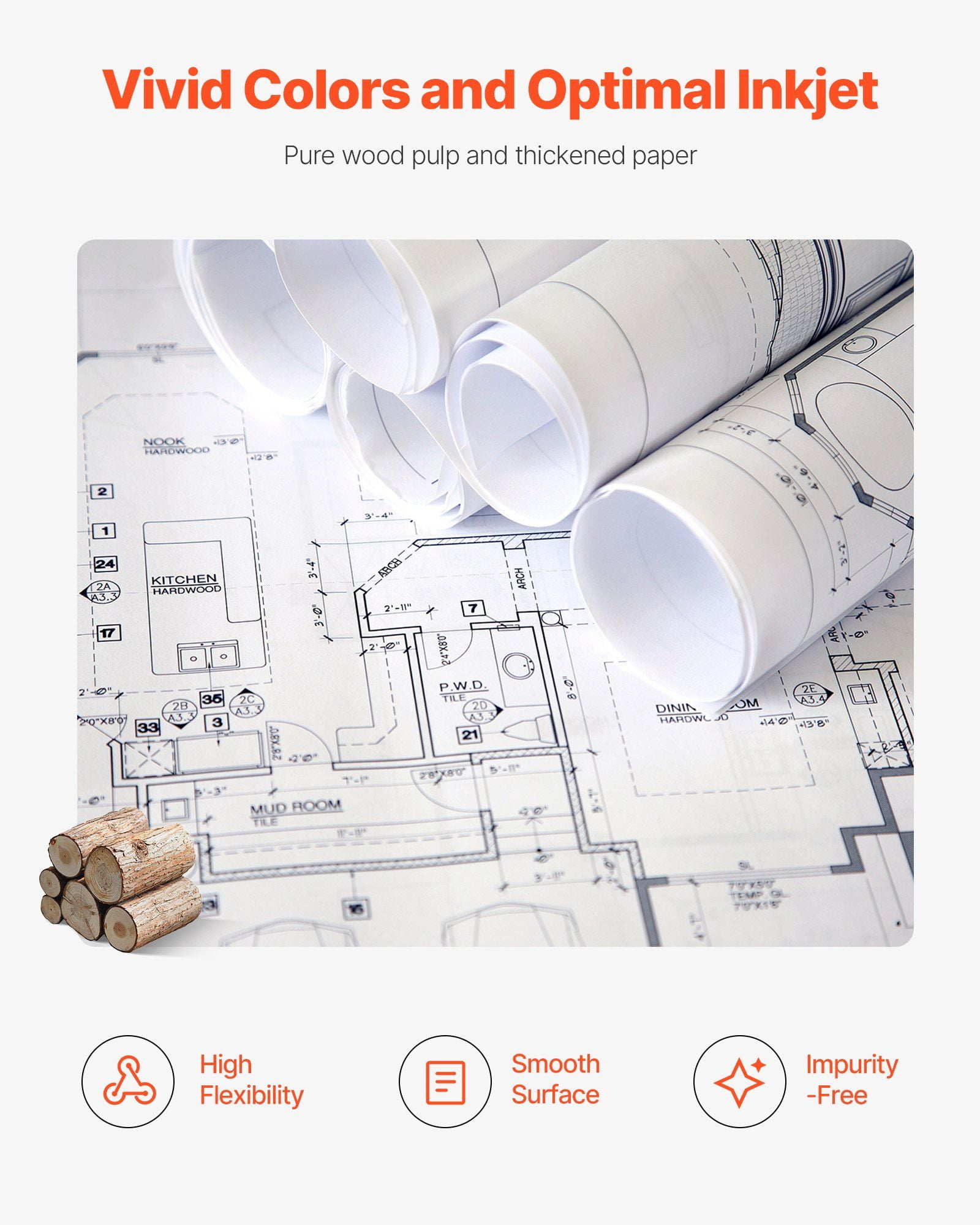 CAFORKP 2-Roll Wide Format Plotter Paper, 24"x150', CAD Bond 20lb for Engineering Drawings