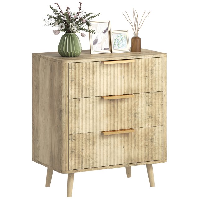 Commode Moderne à 3 Tiroirs pour Chambre, Commode Cannelée pour Garde-Robe, Chêne