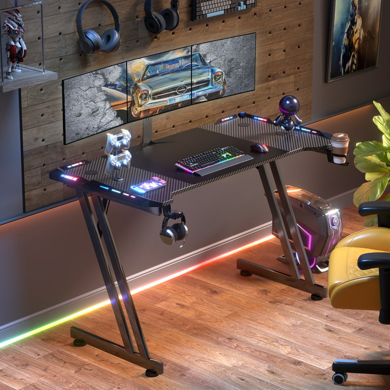 HLDIRECT 47 Inch Gaming Desk with LED Lights Carbon Fibre Surface