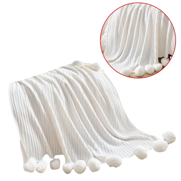 Yardwe 1Pc White Cotton Blanket with Hairball Design Comfortable Knitted Cozy Throw for Home