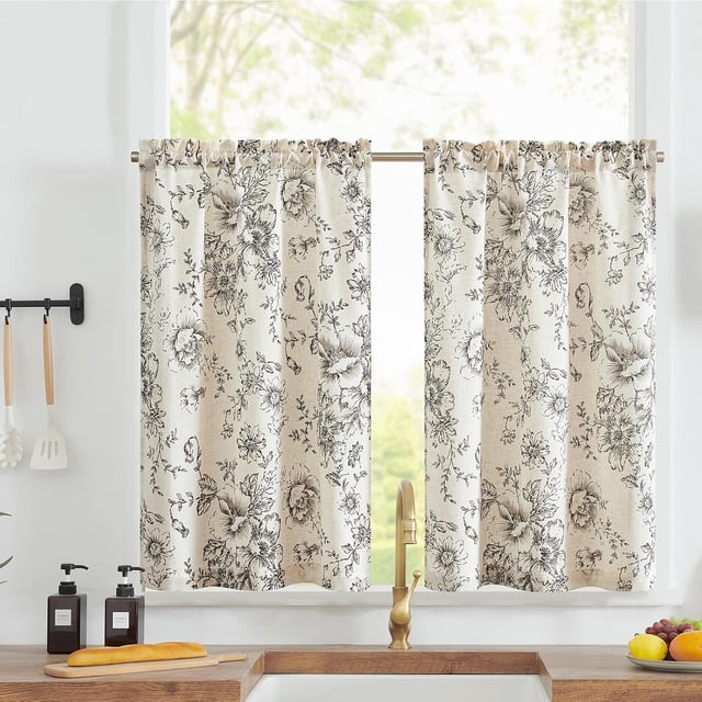 Floral Linen Tier Curtains 36 Inch Farmhouse Botanic Cafe Drapes for Small Windows Rustic Half Window Curtains for Kitchen Living Room Bathroom Laundry 2 Panels Black on Beige