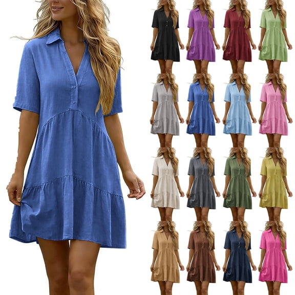 Summer Dress for Women Fashion Casual 100% Cotton Short Sleeve Solid Color Pockets Midi Dress