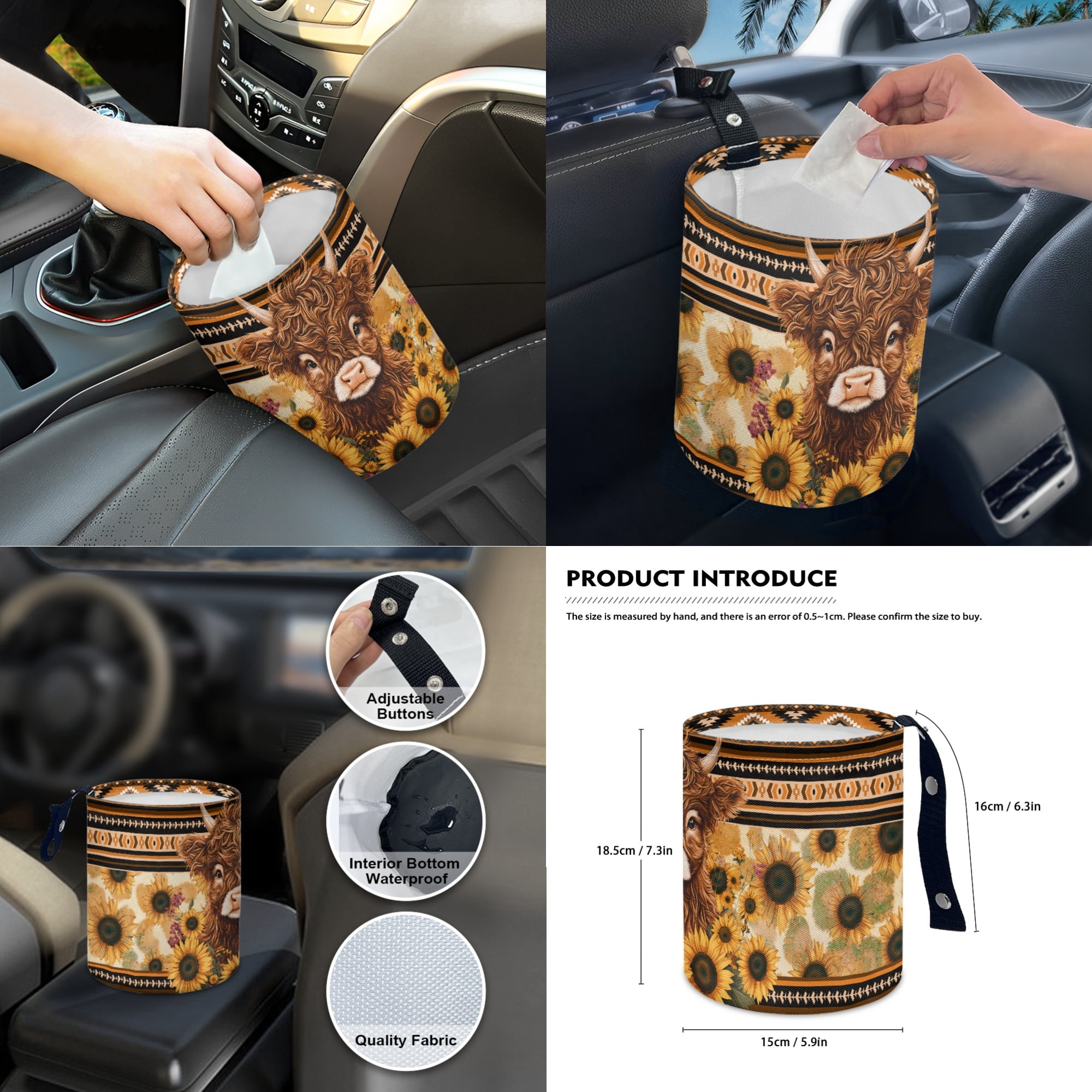 Renewold American Tribal Highland Cow Sunflower 14 PCS Car Seat Cover Full Set with Steering Wheel Seat Belt Strap Pads Cup Coasters Trash Bag Rearview Mirror Armrest Pad Handbrake Cover Set