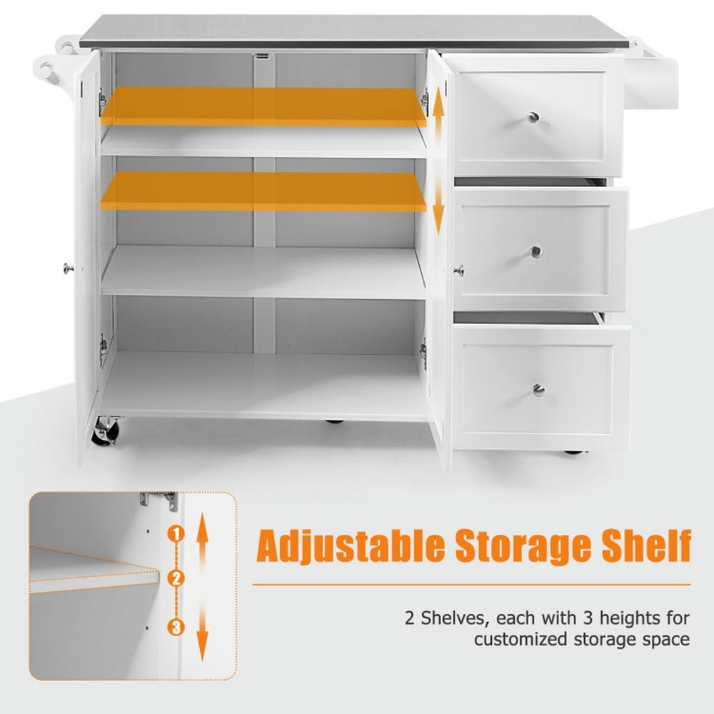 Finihen Rolling Storage Cabinet Cart, Kitchen Island Cart, Kitchen Island 2-Door Storage Cabinet with Drawers and Stainless Steel Top, for Kitchen, Dining Room, White Finihen Rolling Storage Cabinet Cart, Kitchen Island Cart, Kitchen Island 2-Door Storage Cabinet with Drawers and Stainless Steel Top, for Kitchen, Dining Room, White