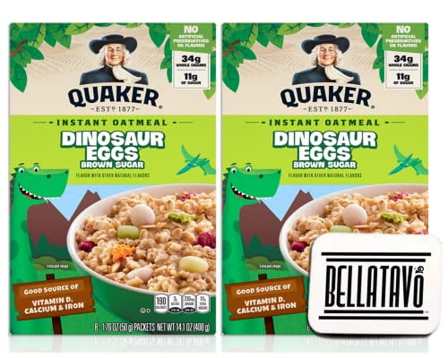 Dinosaur Egg Oatmeal Bundle. Includes Two-14.1 Oz Boxes of Quaker Dinosaur Eggs Instant Oatmeal and a BELLATAVO Ref Magnet! Each Box Has 8 Quaker Brown Sugar Dinosaur Eggs Instant Oatmeal Packets!