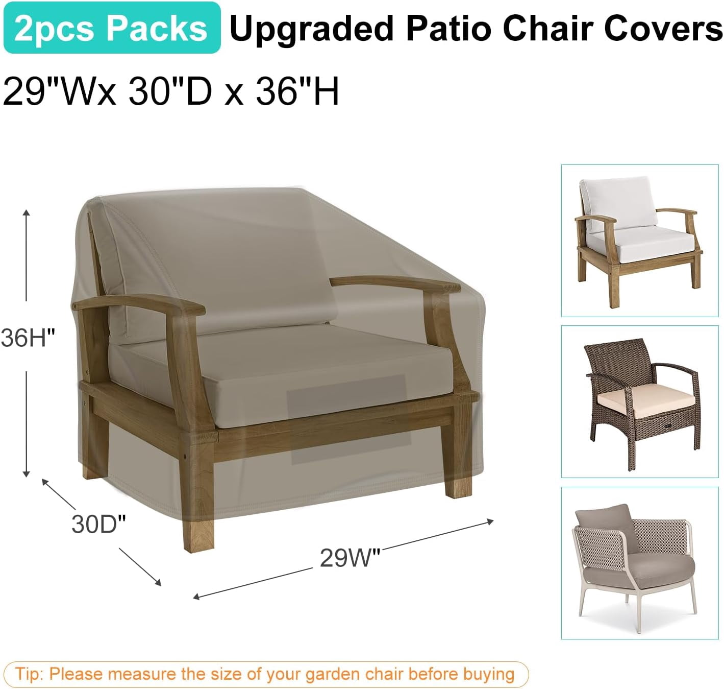 Patio Chair Covers for Outdoor Furniture Waterproof 2 Pack, Lawn 600D Heavy Duty Oxford Cloth, Large Lounge Deep Seat 29" W x 30" D x 36" H - Brown