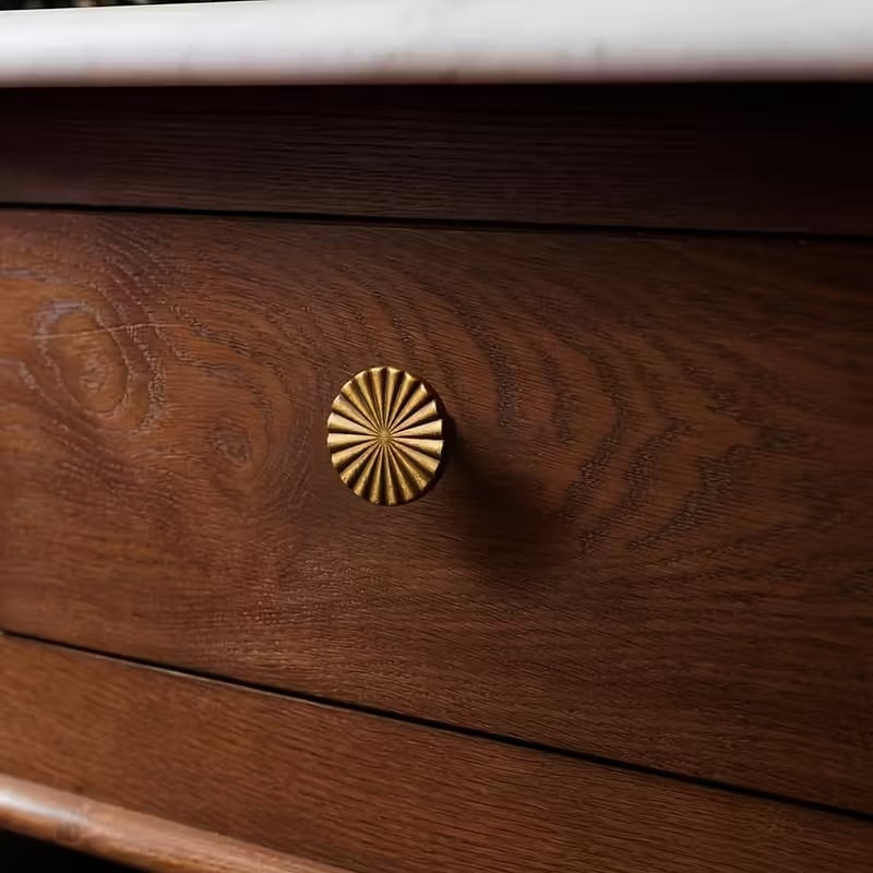 Antique Brass Cabinet Knobs - 4pcs Retro Flat Sunburst Design Pulls for Kitchen Cabinets and Bathroom Vanities