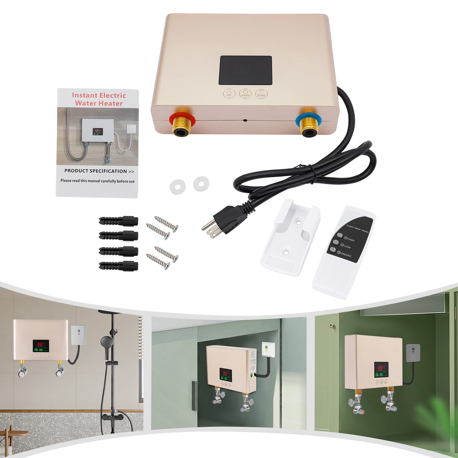 8.27*5.9*2.17in 3000W Digital Display Wall Mounted Mini Electric Water Heater for Laundry Rooms
