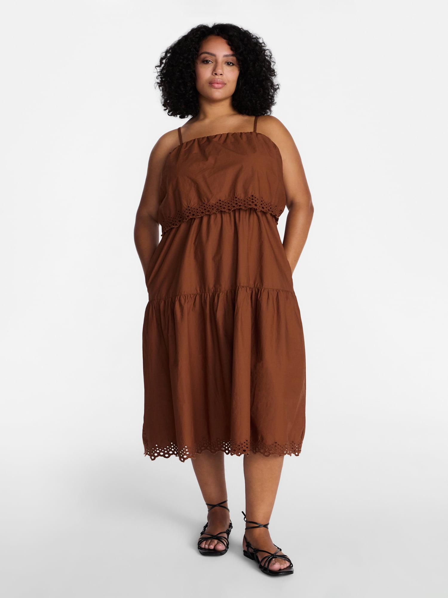 Time and Tru Women's and Women's Plus Sleeveless Cotton Midi Dress with Eyelet Trim, Sizes XS-4X