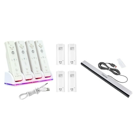 Insten Wired Sensor Bar + White 4-Port Charger Stand Station with 4-pack 2800mah Battery For Nintendo Wii Remote